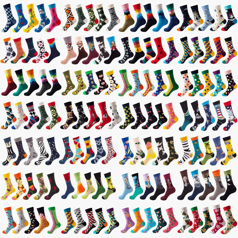 10pcs=5 Pairs Neutral Cool Funny Hiphop Casual Pastel Pack Long Tube Set Men Fashion Print Harajuku Cotton Sports Running Socks