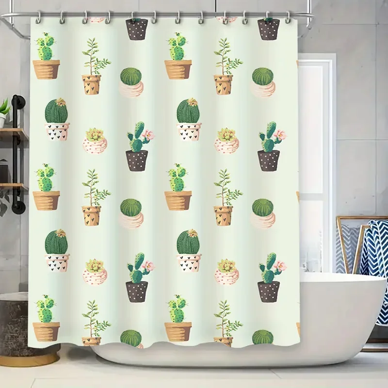 

~O ~Минималистичный набор занавесок для душа с зеленым настенным декором для ванной комнаты, с милыми рисунками кактусов в различных горшках Размер: 69 x 70, Стиль