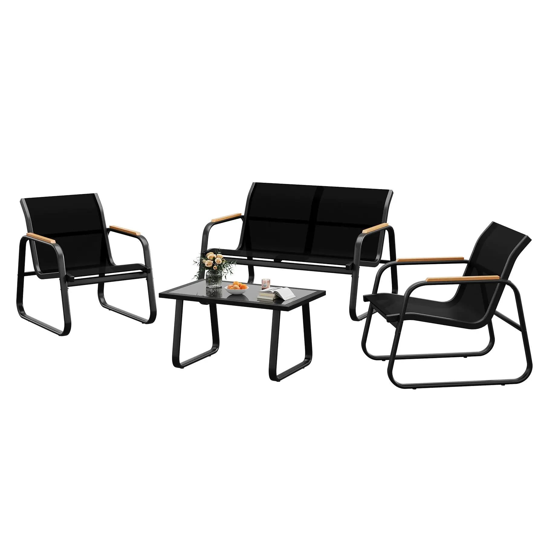 Set di mobili da giardino moderno in 4 pezzi, 2 poltrone + divano a due posti + tavolo in vetro, tessuto resistente alle intemperie e acciaio vernicia