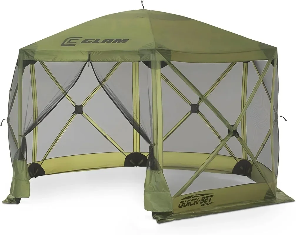 CLAM Escape 11.5' Pop-Up Screen Tent – Green Outdoor Camping Gazebo Canopy with No-See-Um Mesh, Carry Bag & Stakes – 6-Sided