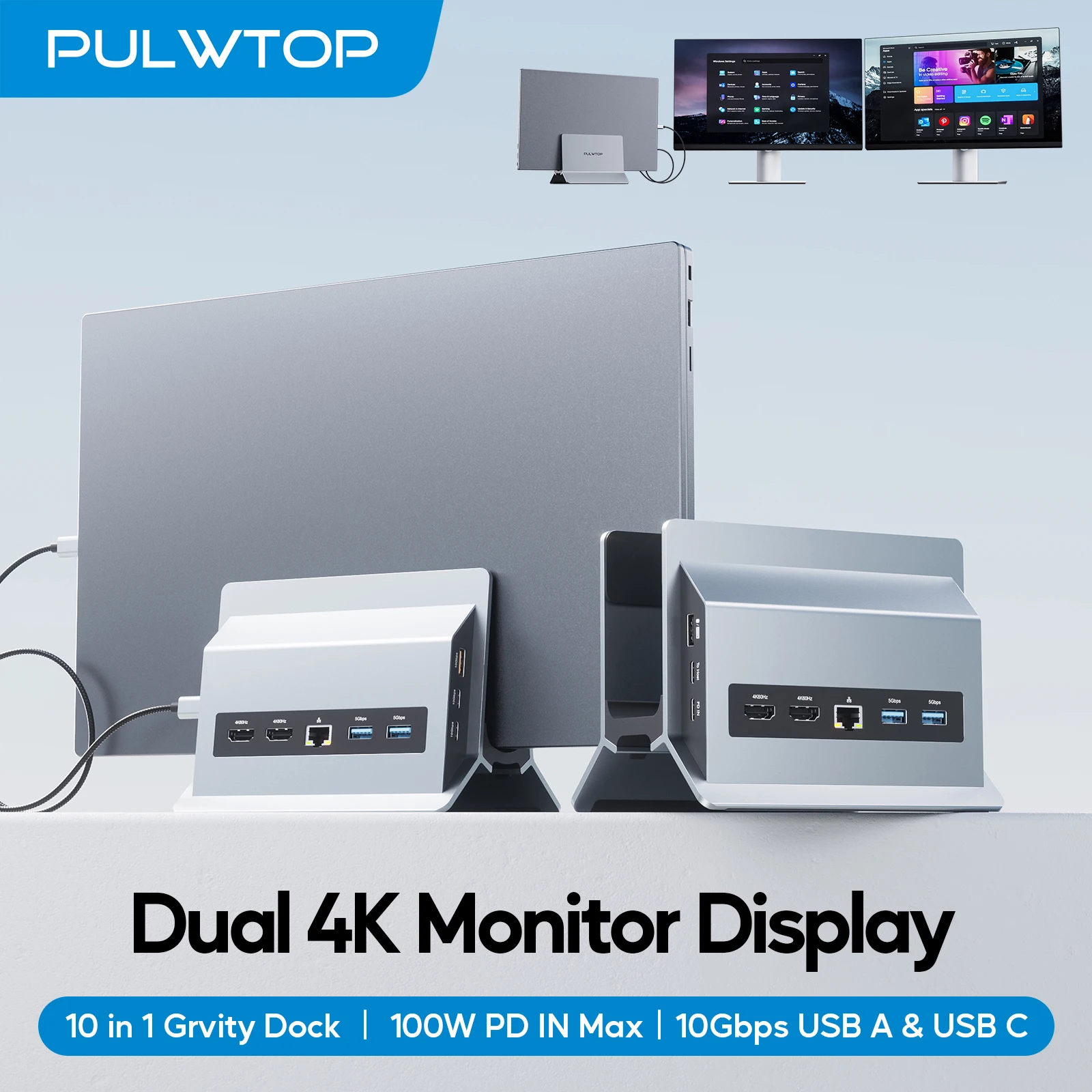 

PULWTOP USB C Docking Station for Dual Monitors with 2 HDMI 4K 60Hz, 3X USB A/C 10Gbps, Ethernet for Windows and ChromeOS