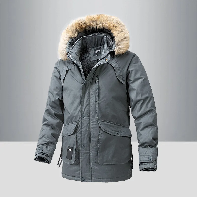Men's Winter Mid-Length Hooded Cotton-Padded Jacket with Wool Collar Outdoor Warm Casual Loose Fit