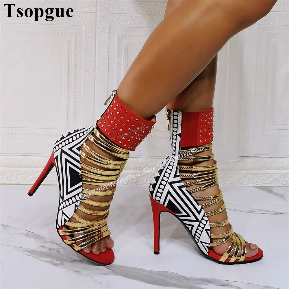 Mixed Color Roman Narrow Band Sandals Stilettos High Heel Women Shoes Back Zipper Open Toe 2024 Fashionable Zapatos Para Mujere