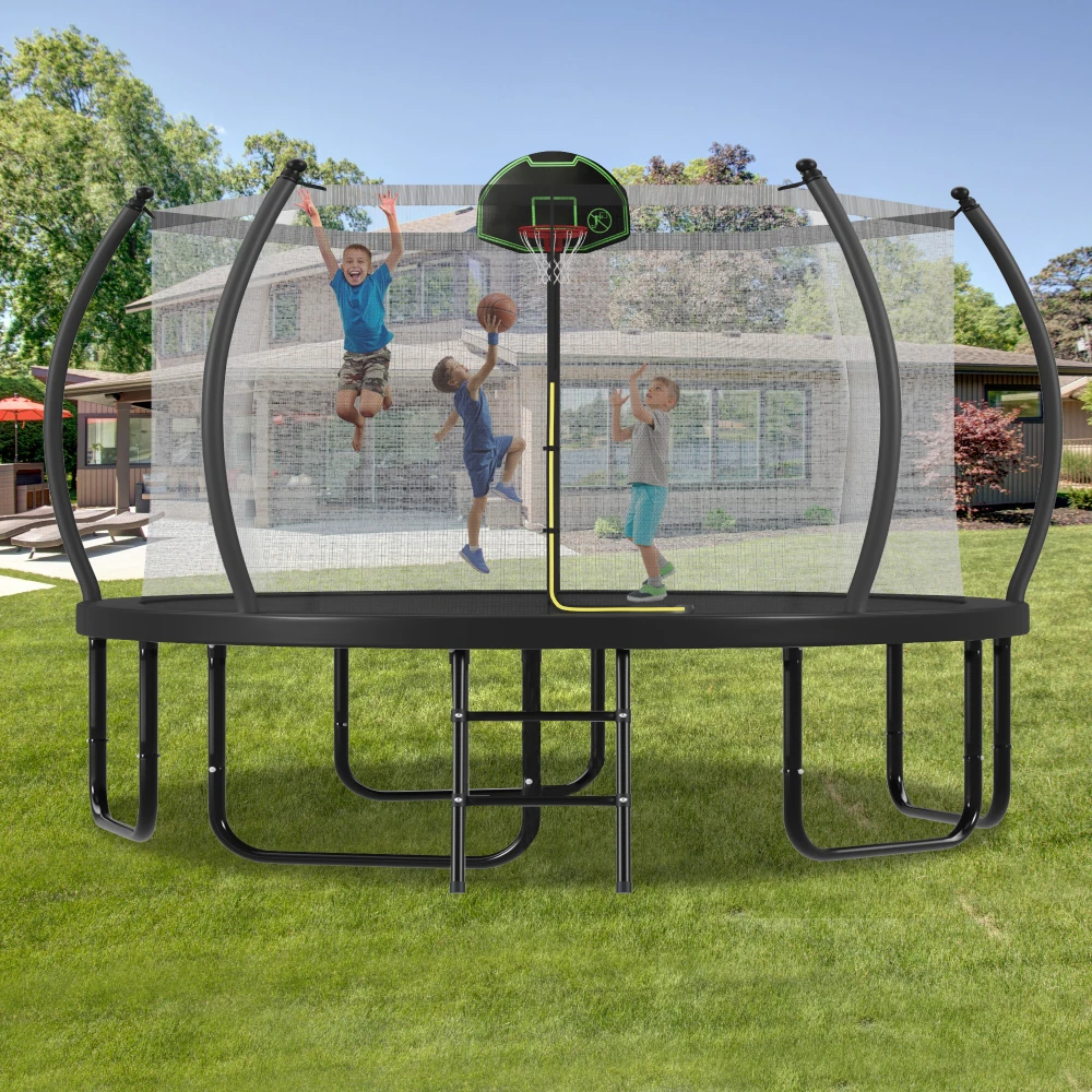

12FT Trampoline with Basketball Hoop for Kids and Adults, Round Outdoor Trampoline with Enclosure Net & Curved Poles & Ladder