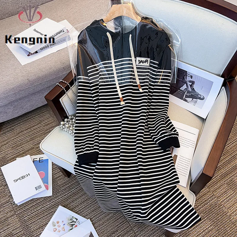 2023 Autumn Winter Women's Hooded Hoodies Dresses Loose Patchwork Oversize Lady Vestidos Patchwrok Striped Female Robe KE3695