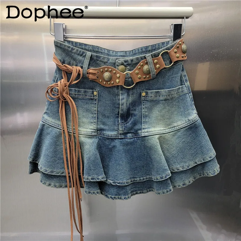 

Retro High Waist A Line Skinny Denim Skirt Women 2024 Summer Cake Skirts Swee Girl Fluffy Skirt Lotus Leaf Skirt Korean Style