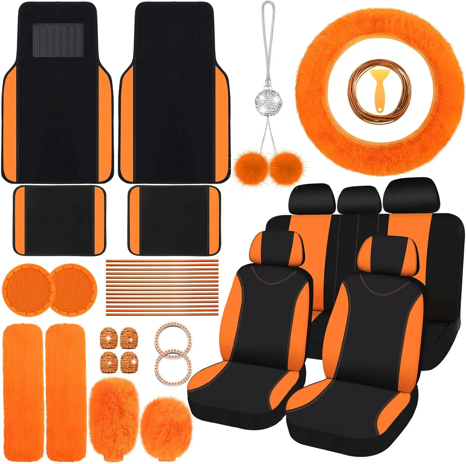 

47-Piece Fluffy Car Interior Set with Seat Covers, Steering Wheel Cover, Floor Mats & Air Vent Trims