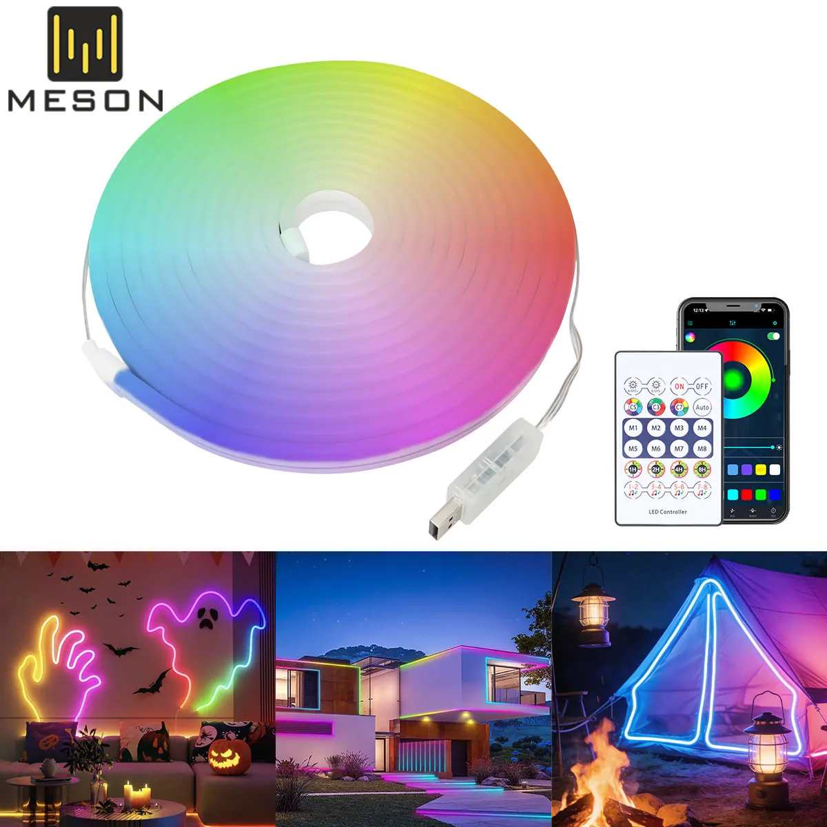 

Светодиодная неоновая лента RGB 5В, 5 м, USB, с управлением через приложение, гибкая лента для домашнего декора, освещения и декоративных светильников