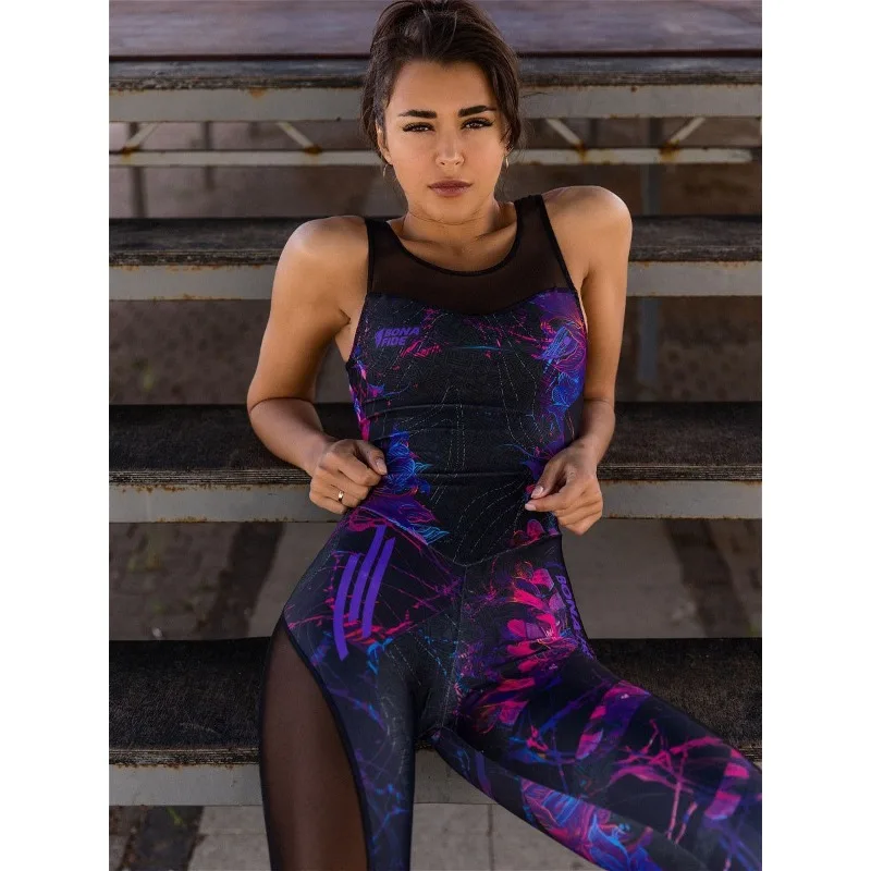 Krisnanas Purple Women's Jumpsuits Sleeveless Printing Back Cutout Mesh Split-Joint Fitness Workout Yoga Jumpsuits 76904