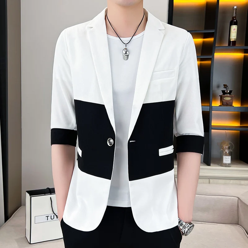 2023 Summer Fashion Patchwork Suit Jacket Thin 3/4 Sleeve Casual Blazer Streetwear Slim Social Barber Dress Coat Men Clothing