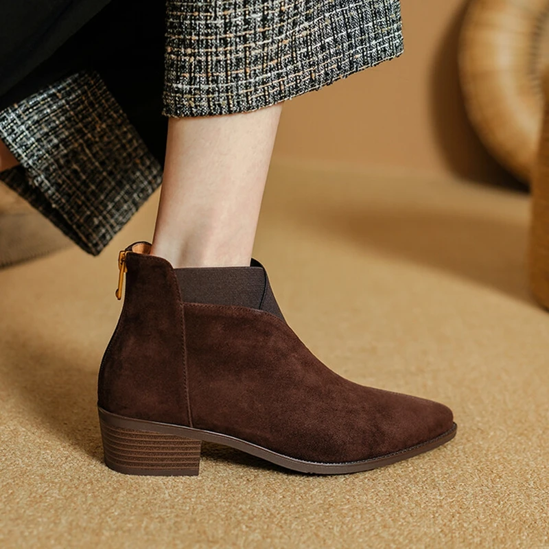 

NEW Autumn Women Boots Sheep Suede Leather Shoes for Women Pointed Toe Chunky Heel Shoes Elegant Zip Ankle Boots Western Boots