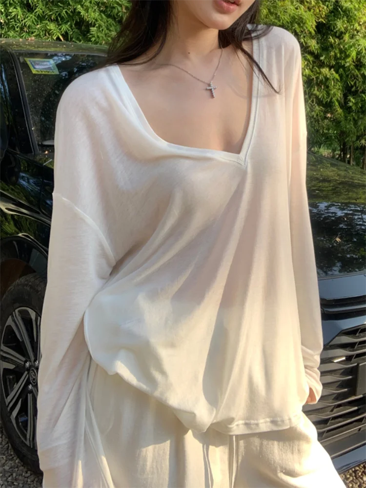 Mulheres oversized t camisa primavera verão com decote em v moda casual solto fino manga longa topo pullovers chique branco ver através camiseta