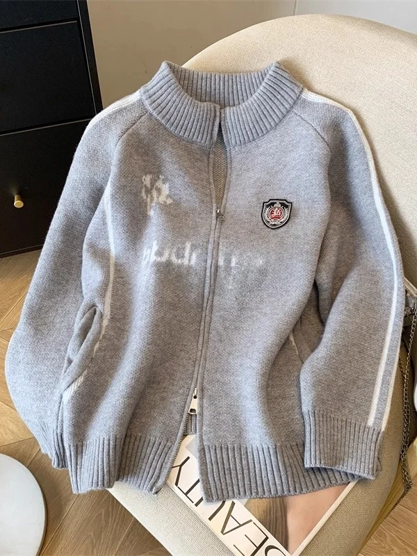 

Длинный вязаный свитер в американском стиле ретро, женский осенне-зимний свободный утягивающий кардиган с двойной молнией и высоким воротником, верхняя одежда