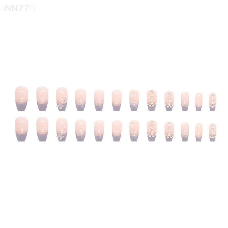 24 قطعة من الماس على شكل فراشة أرجوانية وردية حلوة طازجة اضغط على الرأس المربع أظافر صناعية طويلة مع غراء أظافر صناعية قابلة للإزالة