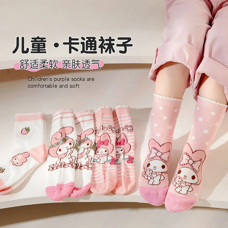 

4 Pairs Sanrio Kids Socks Spring and Summer Thin Mesh Breathable Melody Childrens Girl Sock Pink Movement Mid-calf Cotton Sock