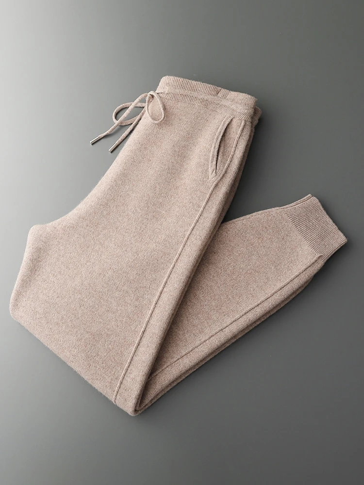 Men's Thick Wool Pencil Pants Autumn Winter Elastic Waist 100% Merino Wool Knitted Thread Casual Trousers Cashmere Pockets Pants