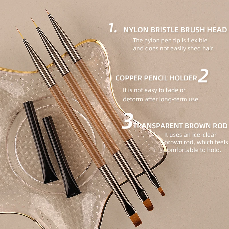 3개입 양면 네일 아트 브러쉬 세트 글루 UV 젤 얇은 라이너 플랫 브러쉬 듀얼 디테일 브러쉬 드로잉 펜 네일 도구 매니큐어용