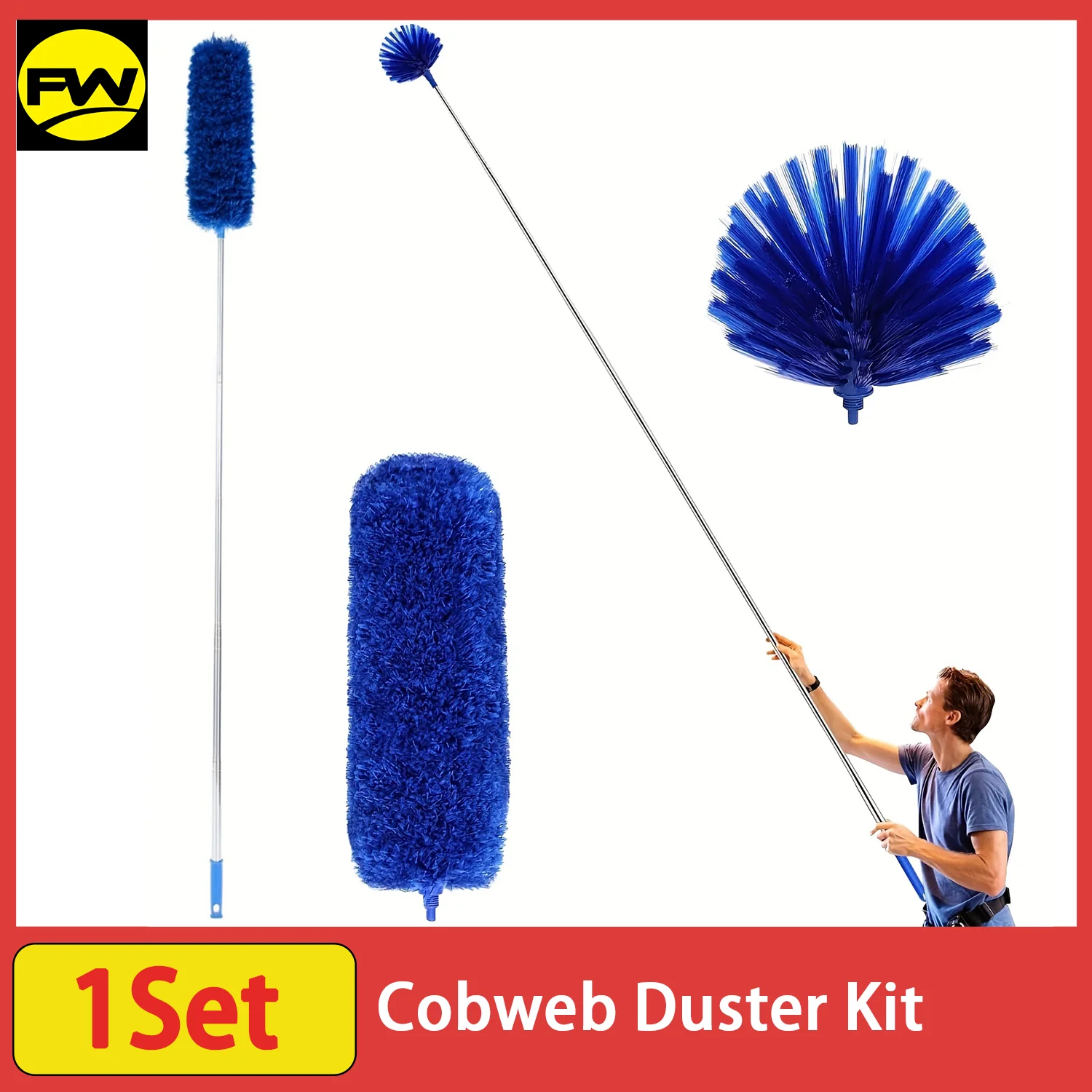 Spinnennetz-Staubwedel mit Verlängerungsstange, waschbares Reinigungs-Staubwedel-Set mit 2 Staubwedelköpfen, Spinnennetz-Staubwedel, Eckbürste für Deckenventilator
