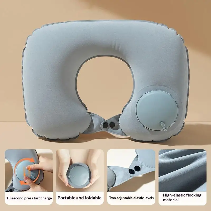 Flocking Inflatable Portable Neck Pillow Self‑Filled Storable Travel Pillow Comfort Support for Outdoor Camping Business Trips