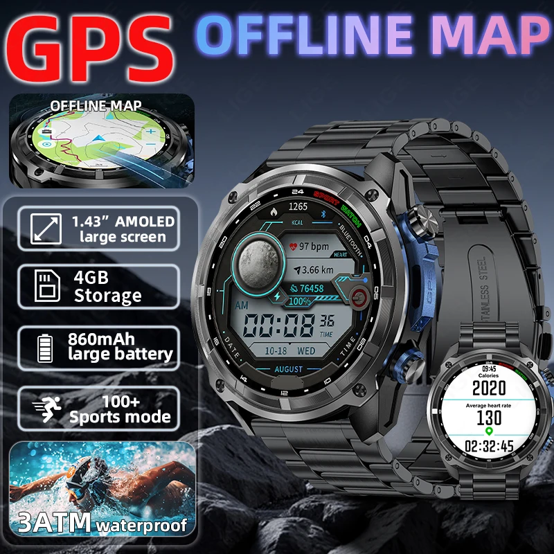 LIGE Military Smart Watch Built-in GPS Offline Map Heart Rate Monitor Compass 860mAh Battery 3ATM Waterproof Outdoor Smartwatch