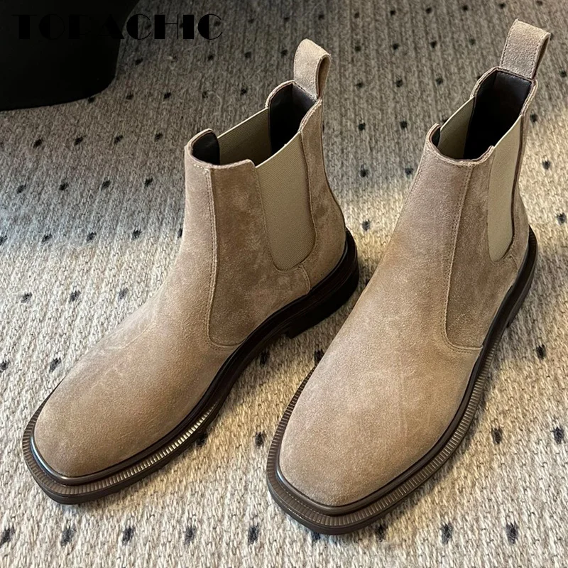 9.15 TOPACHIC-Kobiety Vintage Fashion Cow Suede Square Toe Chelsea Boots Klasyczne elastyczne łączenie butów z prawdziwej skóry