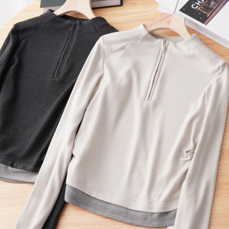 

Stand Collar Half-ZipVelvet Fleece T-Shirt Winter Warm Women Slim Long Sleeve Fake Two Piece Bottoming Top