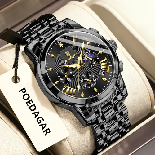 Imagen 2 del producto Reloj POEDAGAR Original a la moda para hombre, cronógrafo luminoso resistente al agua con fecha, relojes de lujo para hombre, relojes de cuarzo de acero inoxidable para hombre