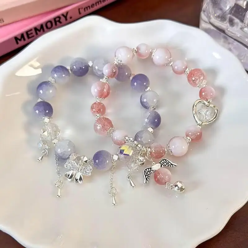 Women Girls Purple Korean Bracelet with Butterfly Feather Tassel Elegant Handmade Jewelry for Family Celebration Tea Party