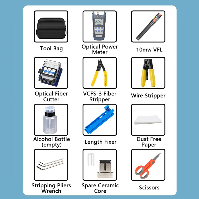 FTTH Fiber Optic Tool Kit with Fiber Optica Power Meter and 10mW Visual Fault Locator FC-6S Aramid Scissors FTTH Tool