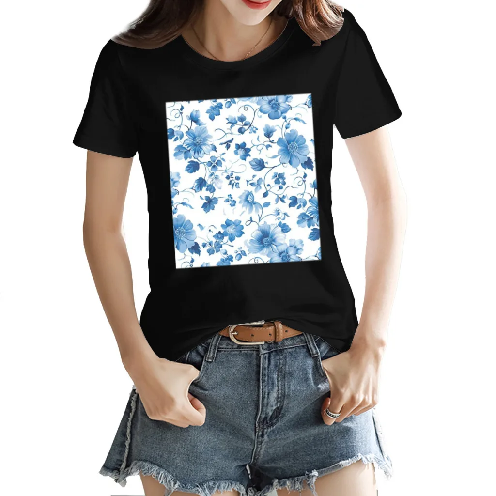 

Floral pattern. Blue flowers on a white background Women's Printed Short Sleeve T-Shirt, Harajuku Style, New Summer Top