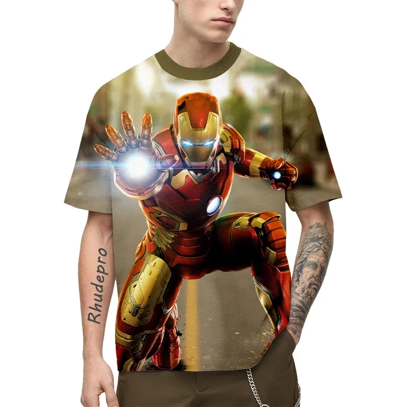 Miniso الرجل الحديدي تي شيرت الكرتون أنيمي المنتقمون ثلاثية الأبعاد طباعة الشارع الشهير الرجال النساء موضة المتضخم قميص أطفال بنين بنات تيز القمم