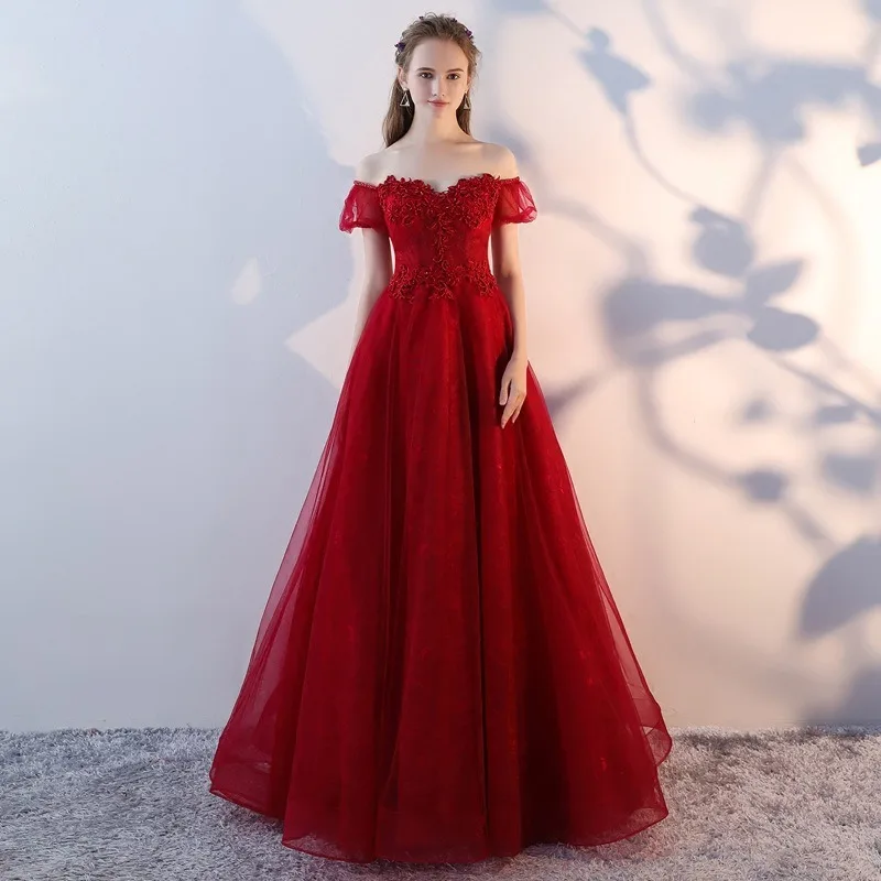2025 nuevo vestido de noche de cintura alta de malla bordada de otoño para mujer aspecto de moda cubierta fina vestido largo de boda rojo del vientre