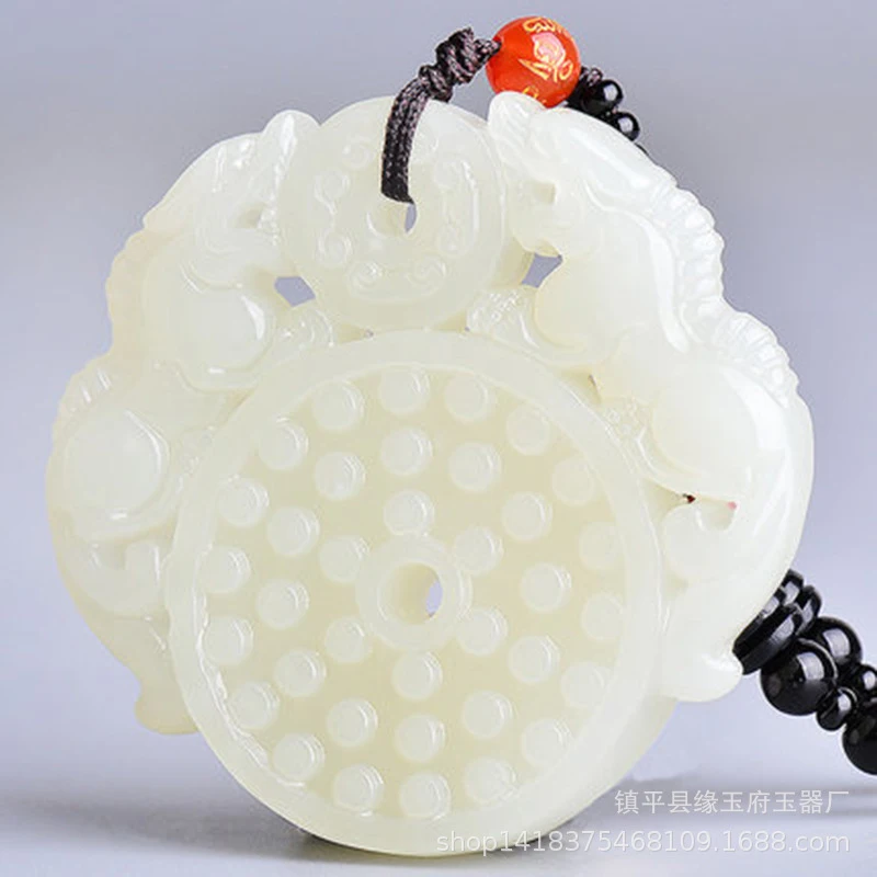 white double Pixiu pendant, peace wall plaque ornament paired with Hetian jade necklace