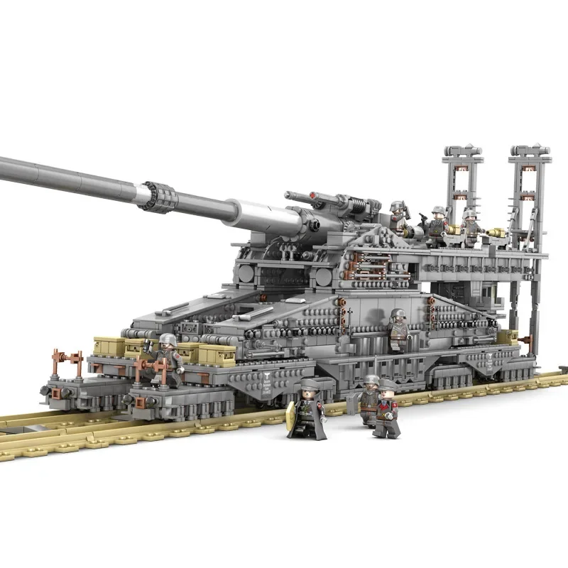 Military Modern German 80cm Railway Gun Dora Engineering Vehicle Building Blocks Tank Cannonball Rail Model Bricks Toy Gift Boys