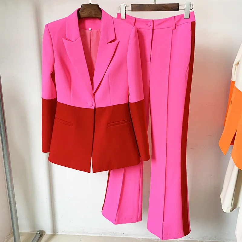 High Street ผู้หญิง Blazer Pantsuits ความคมชัดสีปุ่มเสื้อกางเกง2ชิ้นชุด