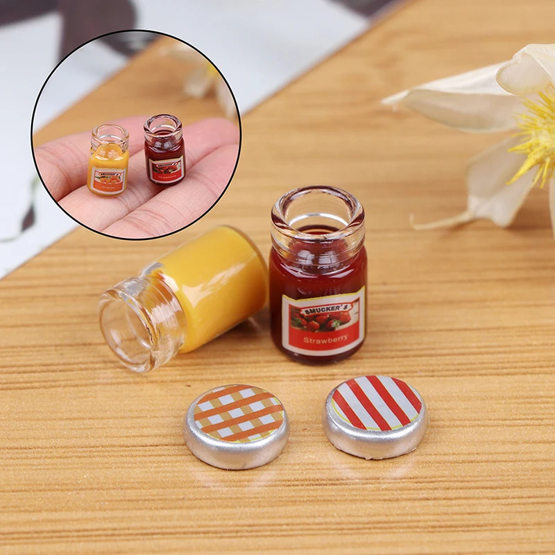 2PCS 1:12 Dollhouse Miniature Food Mini Strawberry Sauce Jam Honey Food Lemon Water For Doll Kitchen Toy Accessories