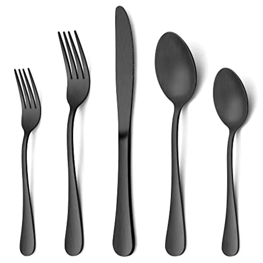

60 Piece Matte Black Silverware Set Stainless Steel Satin Finish Black Flatware Cutlery for 12 People Fancy Kitchen Tableware f