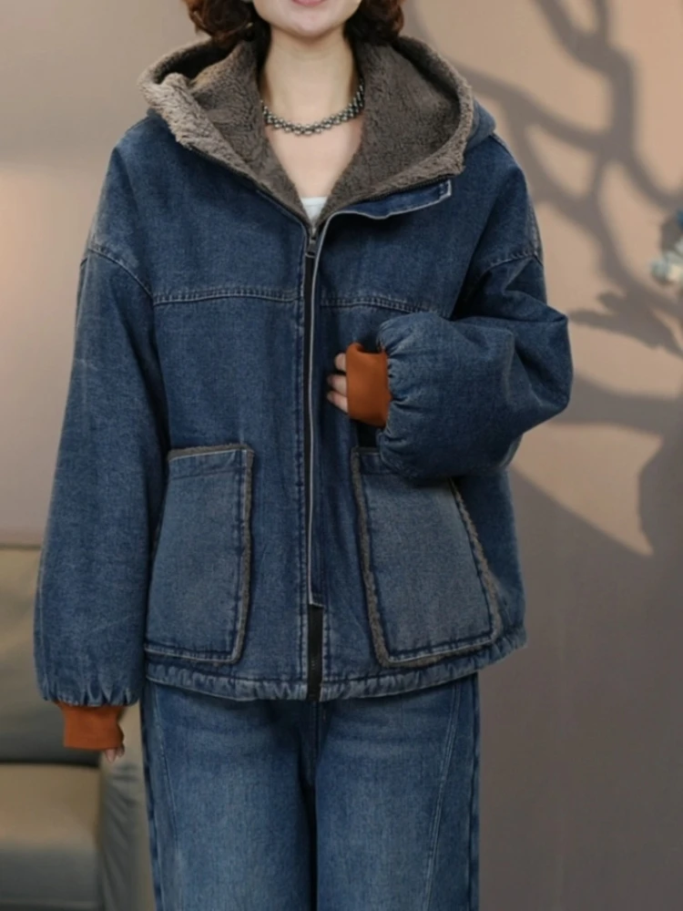 

Двустороннее джинсовое пальто с капюшоном на флисовой подкладке, женская зимняя хлопковая парка, куртка большого размера с мягкой подкладкой, повседневное теплое пальто в стиле ретро