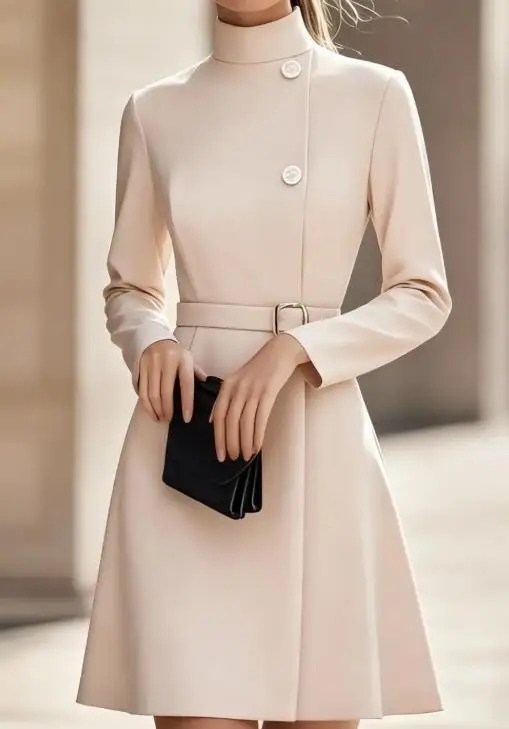 

Womens Dresses 2025 New Spring Autumn High Neck Temperament Commuting Waist Cinching Slimming A-Line Medium Long Dress