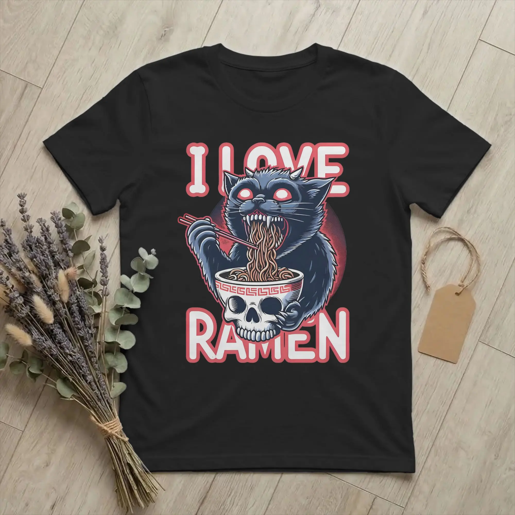 Camisetas Unissex de Algodão com Estampa de Gato Preto e Ramen, Moda, Manga Curta, Gola Redonda, Tamanhos Grandes