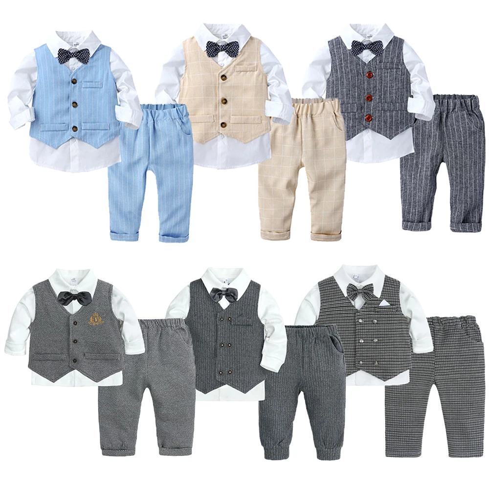 

2023 Kids Boys Gentleman Party Suit Cotton Vest White Shirt Bow Tie+Striped Vest+Trousers Wedding Party Children Formal Clothes