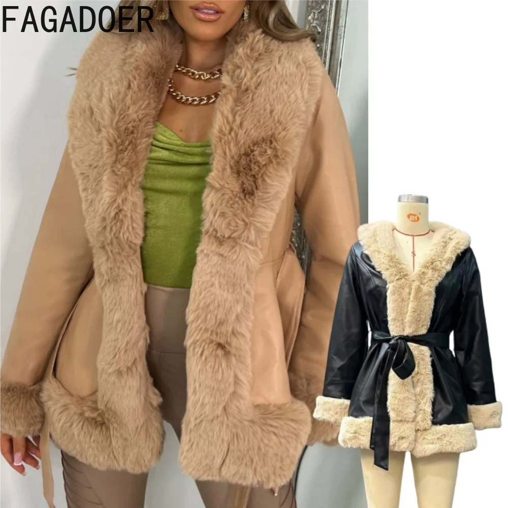 FAGADOER Leather coats Women Long Sleeve Fur patchwork Collar Short Parka Coat Warm Cardigan with Belt Streetwear Winter new