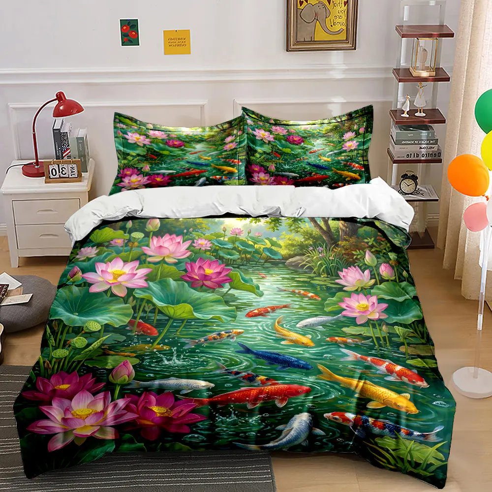Koi fish swimming in lotus pond Print Bedding Set 1 Duvet Cover 2 Pillowcases for Adult and Children Luxury Gift Full Size