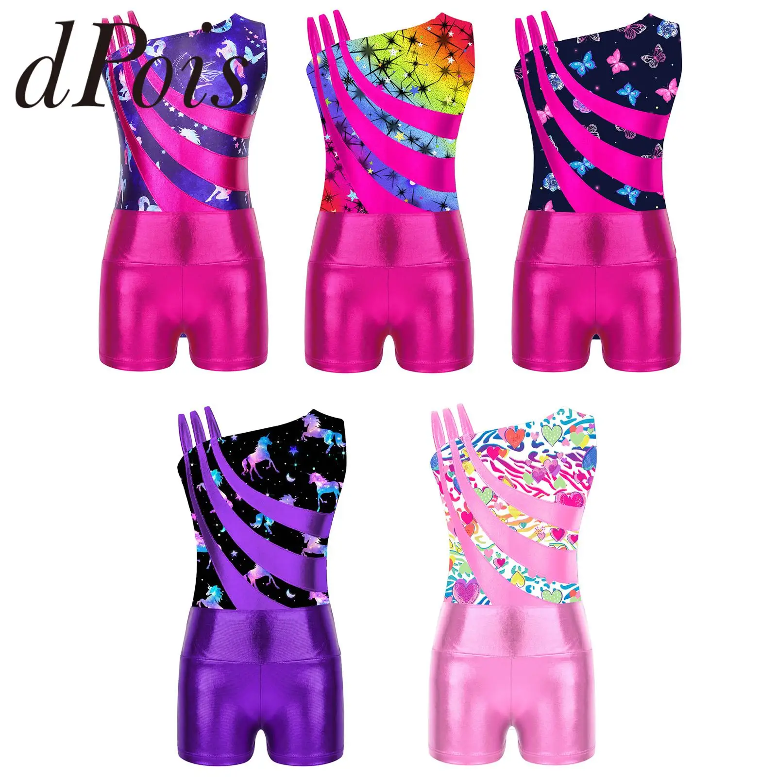 Kids Sleeveless Printed Ballet Tutu Gymnastics Leotard Shiny Metallic Dancewear Children Gymnastics Jumpsuit for Girls Bodysuit