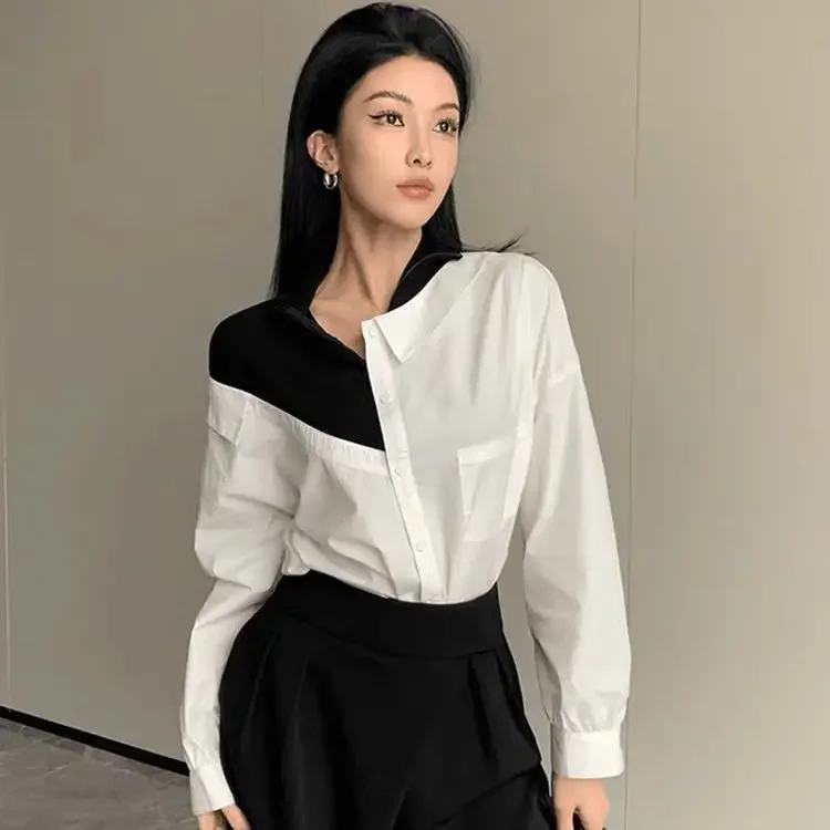 

Французская контрастная цветная рубашка с длинными рукавами неправильной формы для женщин, ранняя темпераментная элитная модная рубашка, уникальный топ XT1070