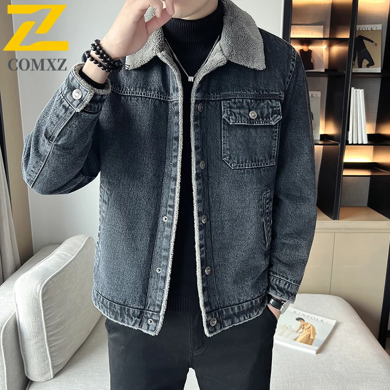 

Men's Denim Jacket for Autumn and Winter Fashionable and Versatile Thick Fleece Collar Jacket Street Commuting Jacket Teenagers