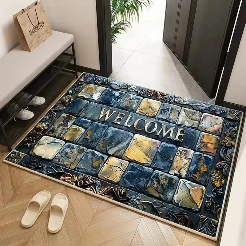 3D Retro Home Eingang Fußmatte Blauer Teppich Schlafzimmer Teppich Korridor Boden Badematte Anti Rutsch Fußmatte Waschbar