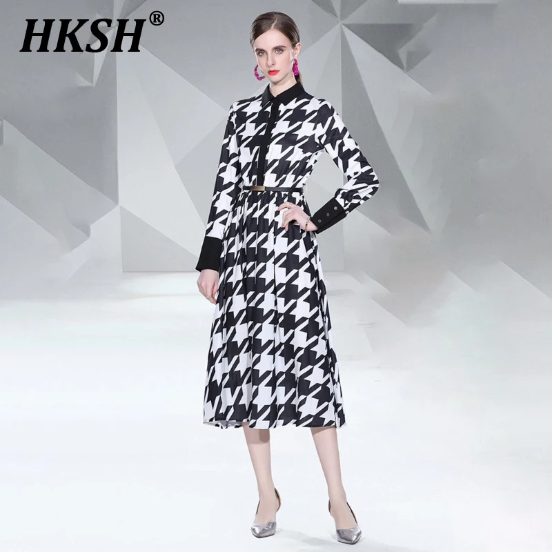 HKSH Spring Autumn New Women Tide Y2K Grid Printed Long Sleeve Mid Length Dress Fashion Chic Turn Down Collar Office Day HK3438