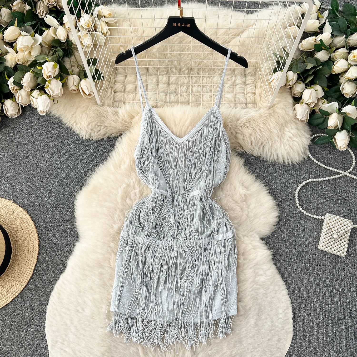 Sexy Tassels Patchwork Hollow Slip Dress Sexy Backless Elegant Evening Party Robe Women Vintage Slim Mini Ceremonial Clothing