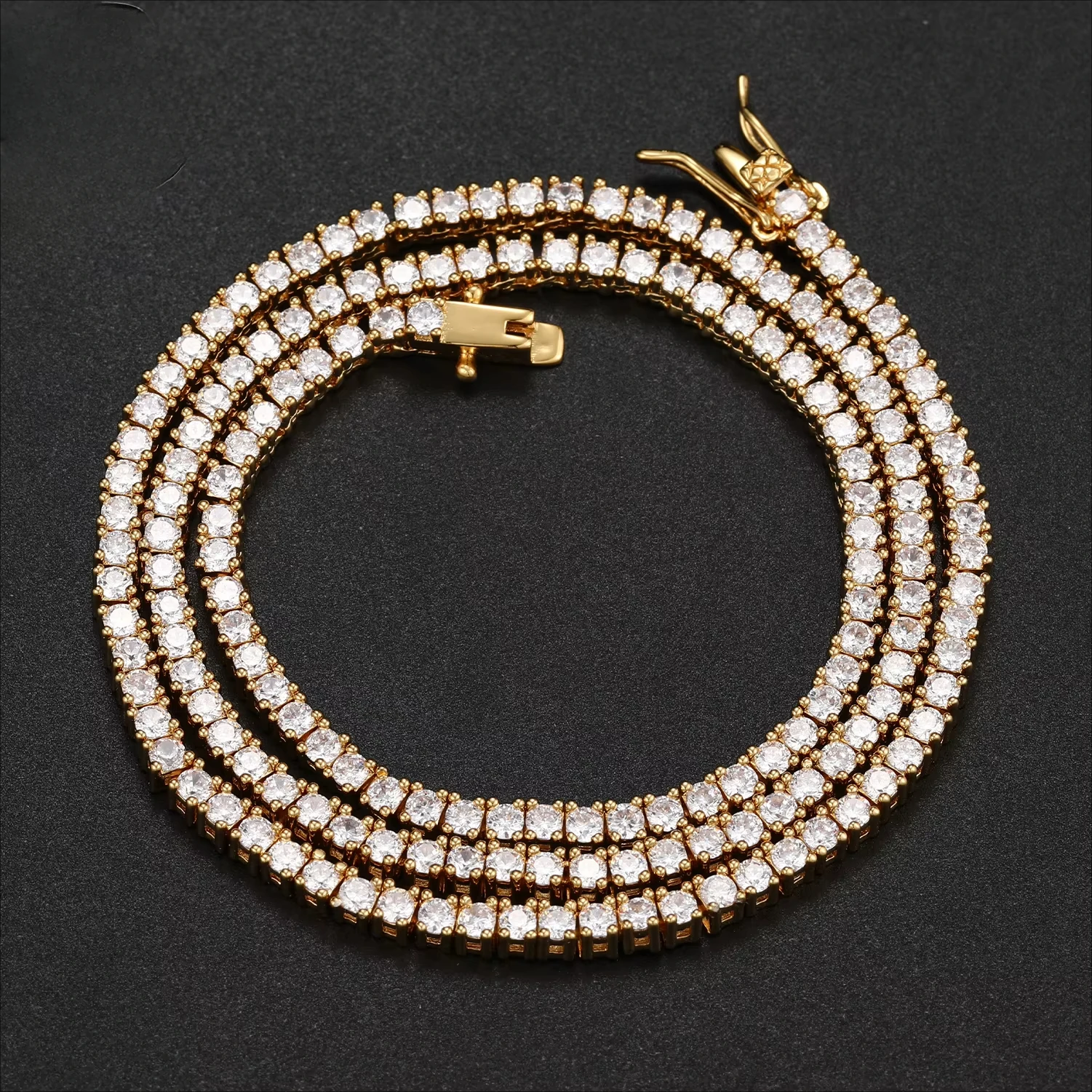 

Hip Hop18K Gold Plated Hypoallergen Messing 2,5mm Tennis Kette 4-Prong CZ Diamant Vergoldetes Messing Iced Out